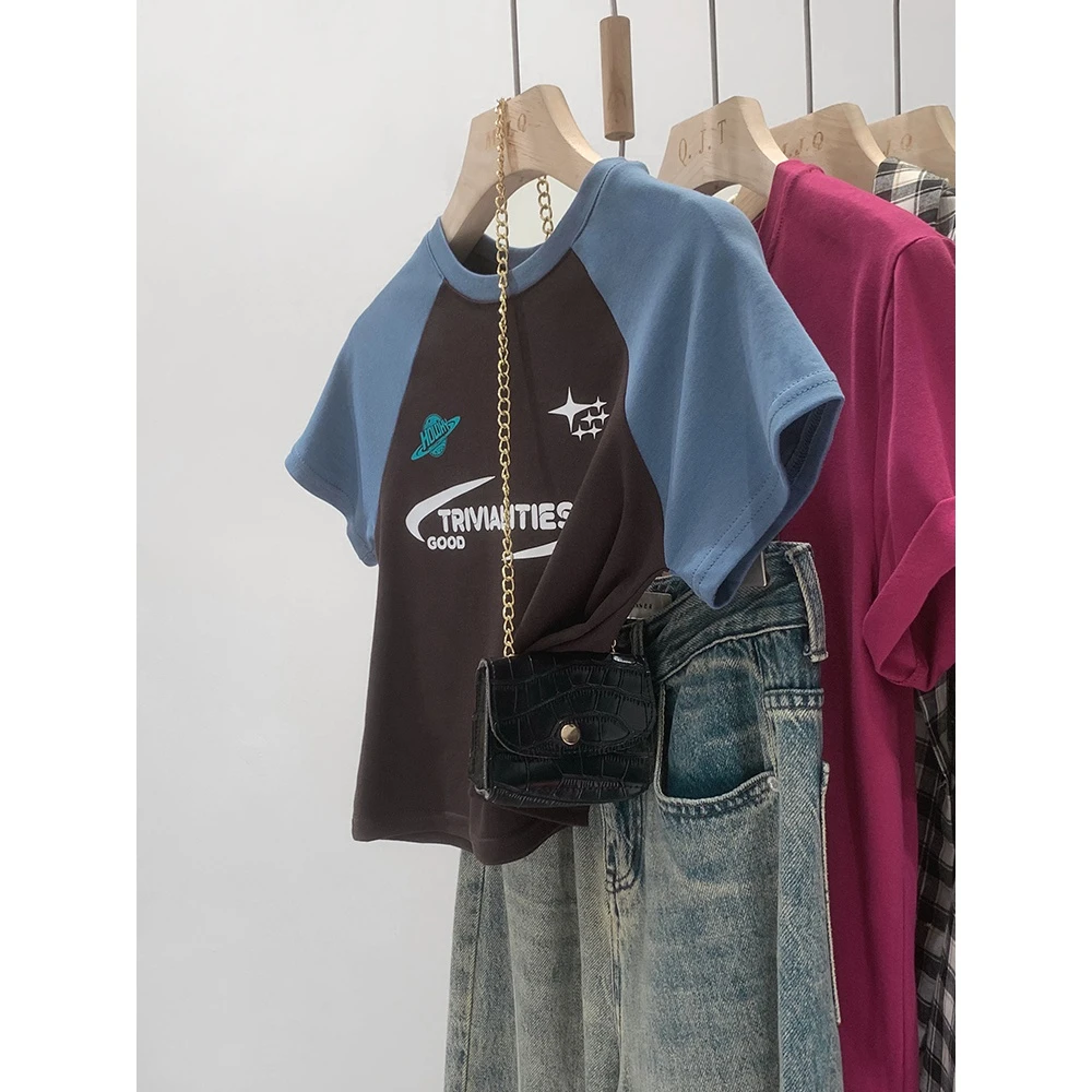 撞色插肩袖短款T恤女夏季时尚百搭修身显瘦辣妹印花正肩短袖上衣