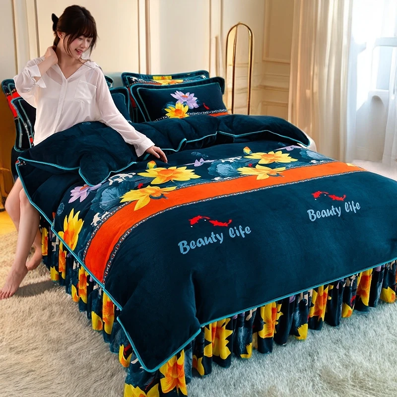 秋冬季牛奶绒四件套加厚珊瑚绒被套双面绒加绒被罩床单毛绒4件套