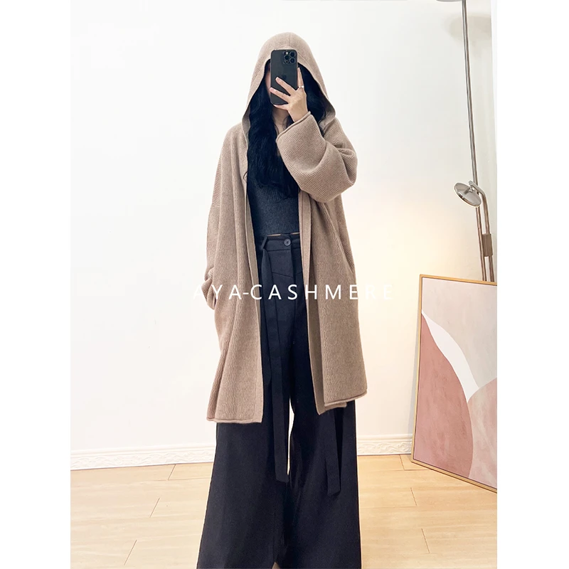 立体花纹~100山羊绒连帽开衫中长款松弛感纯羊绒针织衫外套大衣女