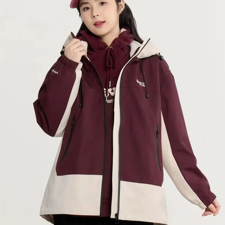 快鱼14J5065女装夹克秋冬新款复古撞色工装防水外套宽松连帽女款