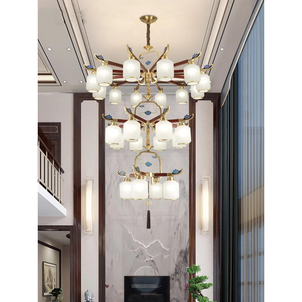 复式楼大吊灯新中式全铜实木客厅灯中国风别墅挑空跃层楼中楼梯灯