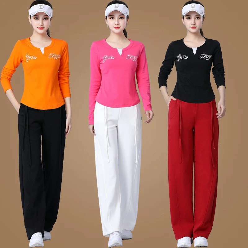 新款春秋广场舞百搭显瘦时尚健身操跳舞的裤子舒适直筒裤运动套装