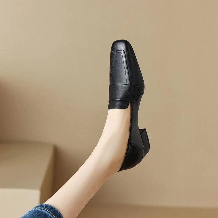 断码清仓羊皮单鞋女低跟2025春秋粗跟软底黑色百搭浅口乐福鞋方头