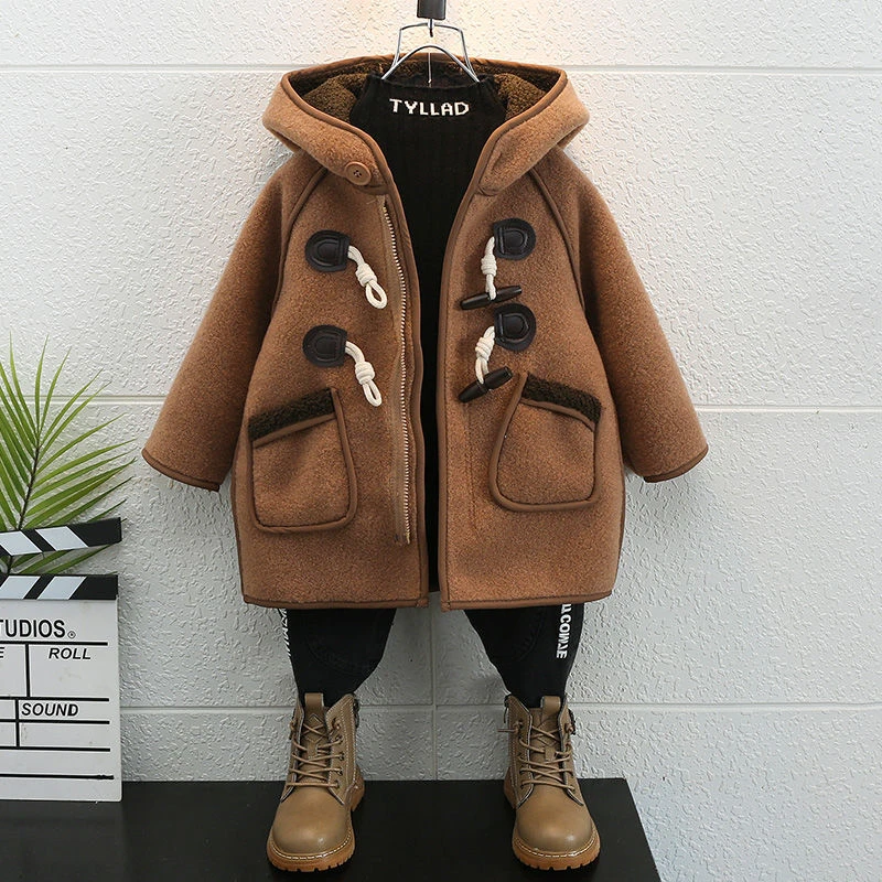 高档男童加绒毛呢外套2023新款儿童韩版加厚颗粒绒呢子一体绒大衣