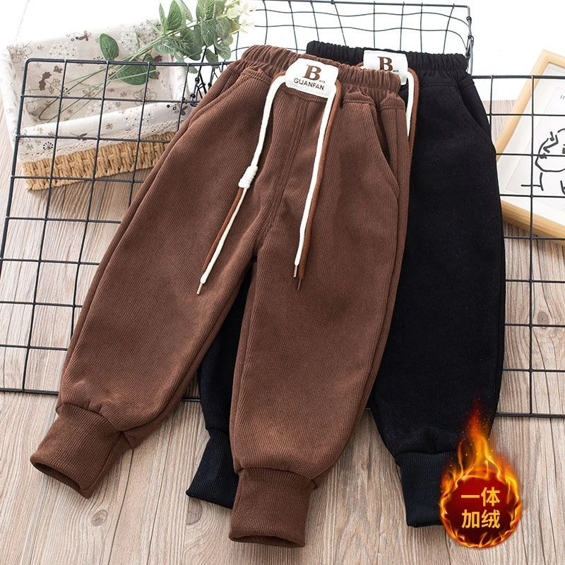 儿童裤子秋冬新款加绒加厚男女童运动裤中小童洋气百搭灯芯绒长裤