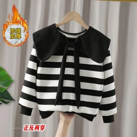 女童卫衣春秋2023新款洋气大童装网红时髦炸街条纹冬儿童加绒上衣