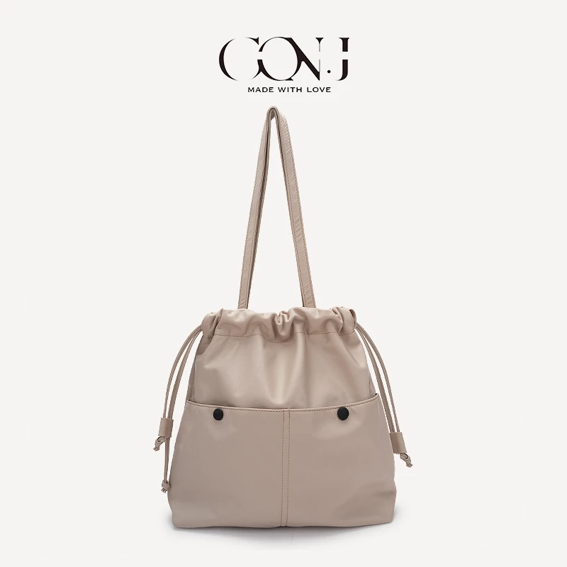 CON.J韩版ins纯色经典抽绳简约小众通勤休闲轻便女士单肩托特包