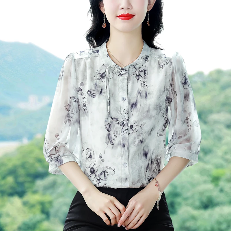 新中式雪纺衬衫女装夏季新款国风盘扣小上衣妈妈漂亮碎花衬衣