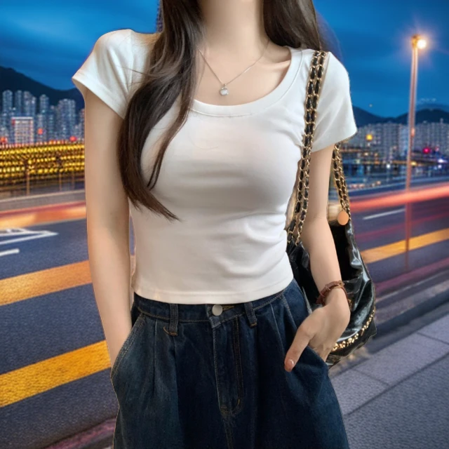 正肩圆领短款T恤女夏季甜辣多巴胺穿搭修身低u领锁骨绝美短袖上衣