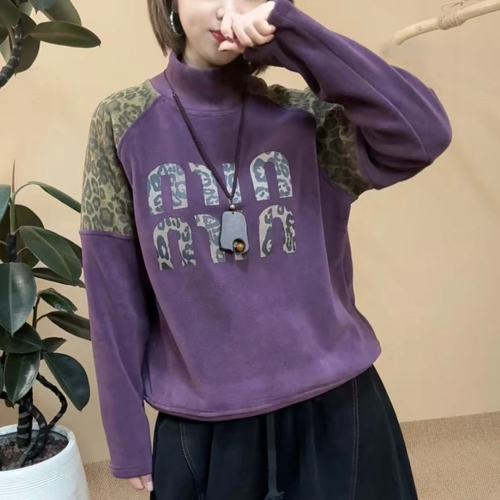 24100秋冬新款双面奥粒绒加绒加厚拼接个性卫衣时尚休闲百搭宽松