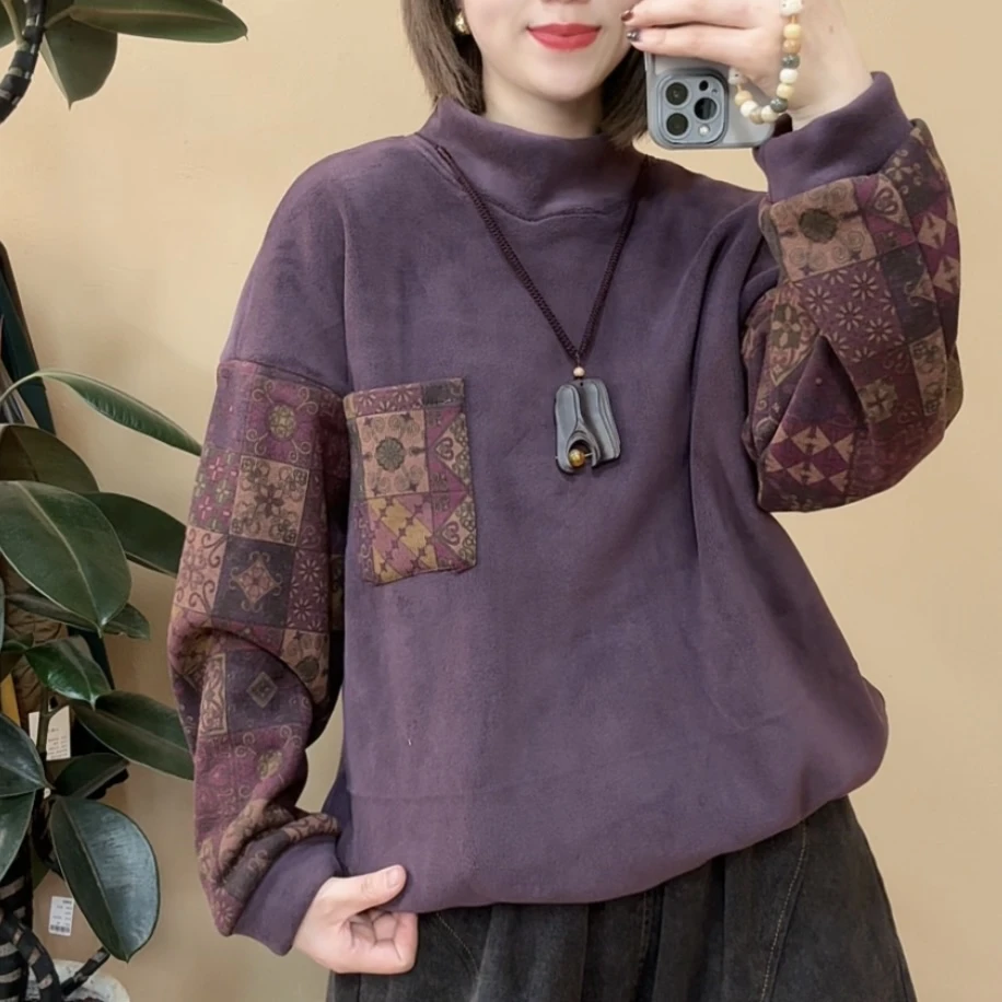 24072秋冬新款撞色双面奥粒绒卫衣长袖百搭打底复古宽松加绒加厚