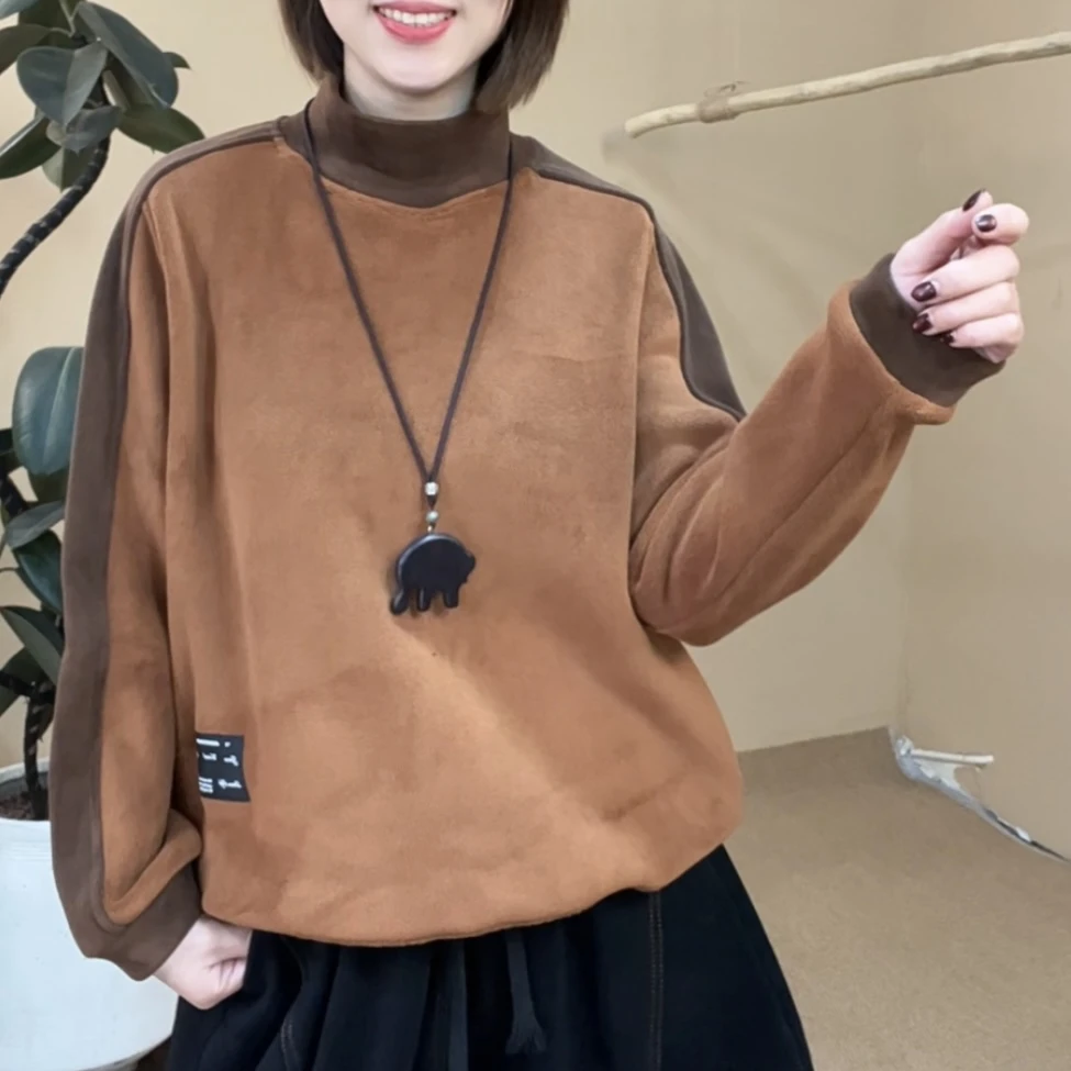 24140冬季新款加绒加厚双面奥粒绒撞色拼接保暖卫衣时尚休闲百搭