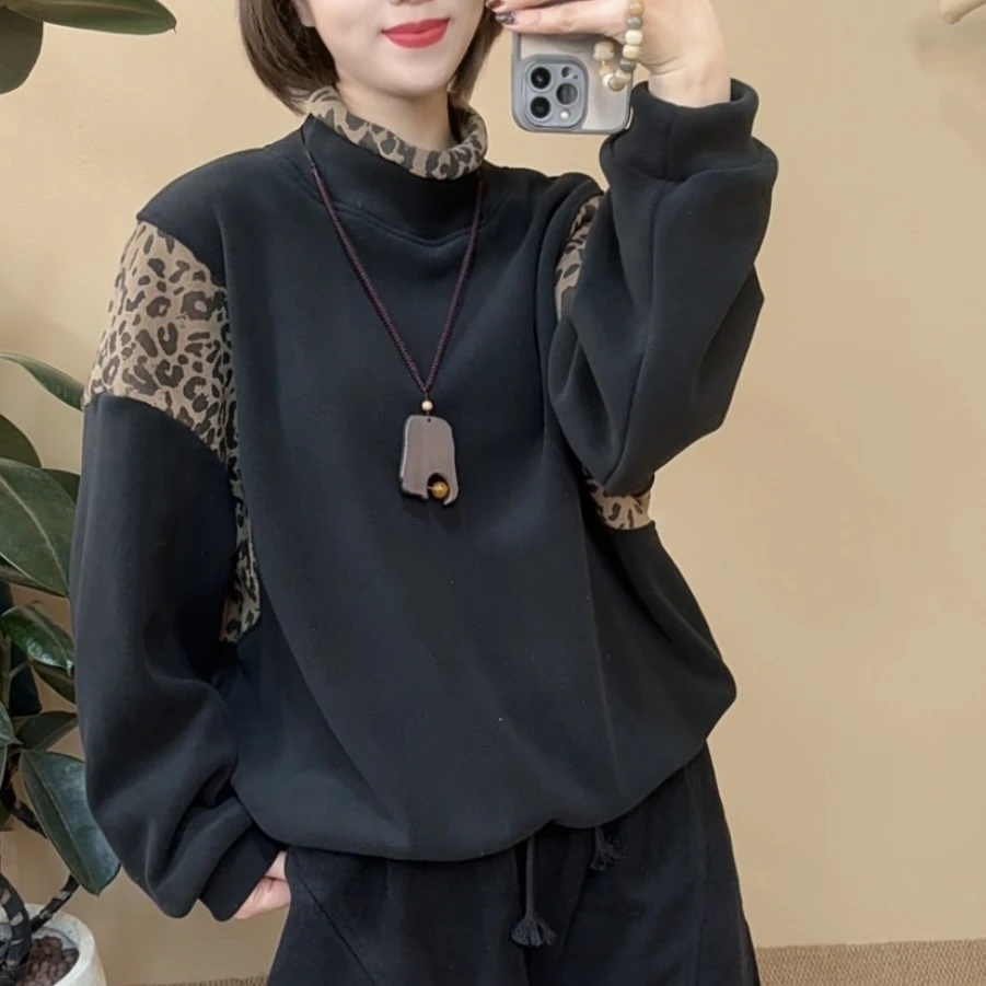 几语24089秋冬新款豹纹拼接双面奥粒绒卫衣洋气时尚百搭宽松加厚