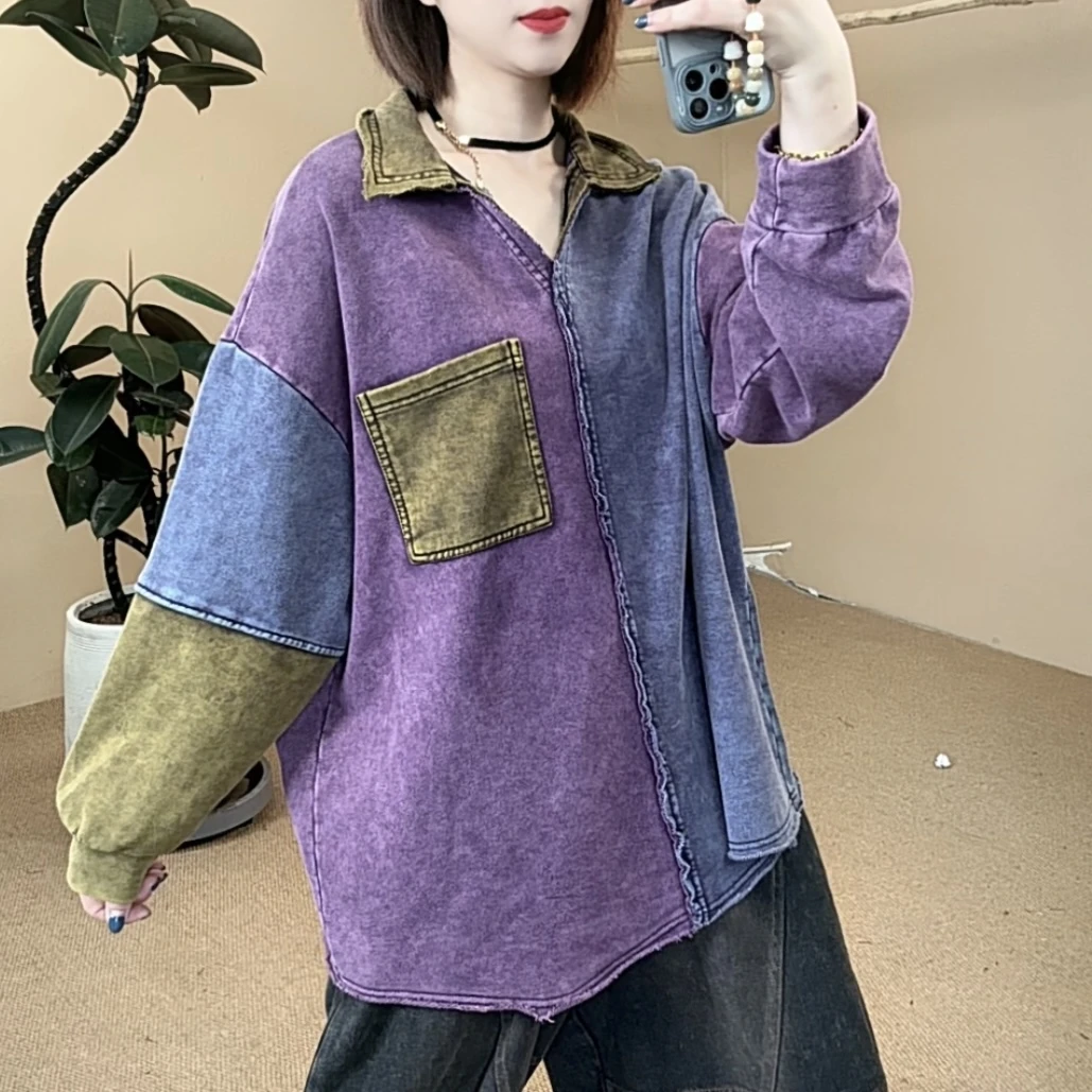 秋季新款拼接翻领卫衣春秋长袖休闲宽松韩版撞色拼色洋气显瘦
