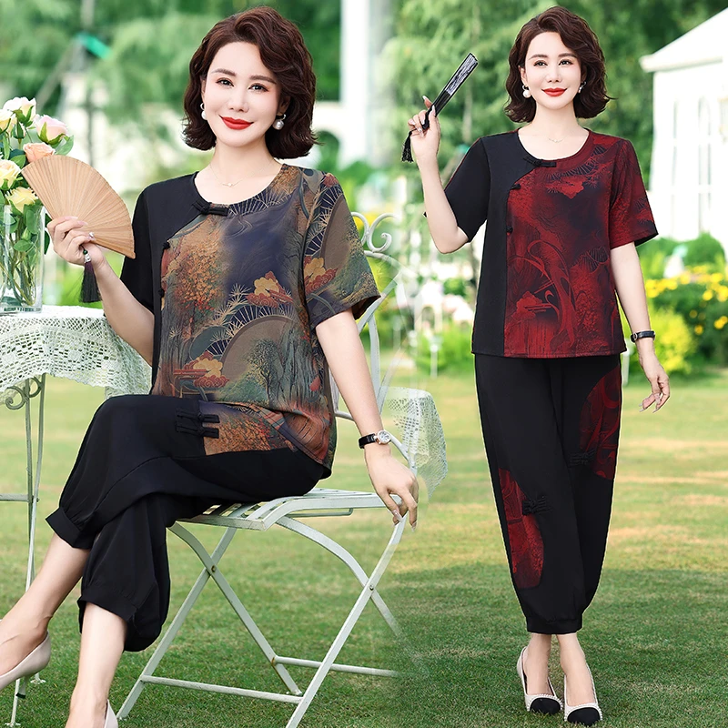 大码200斤胖mm短袖套装女洋气中老年时尚雪纺两件套妈妈夏装