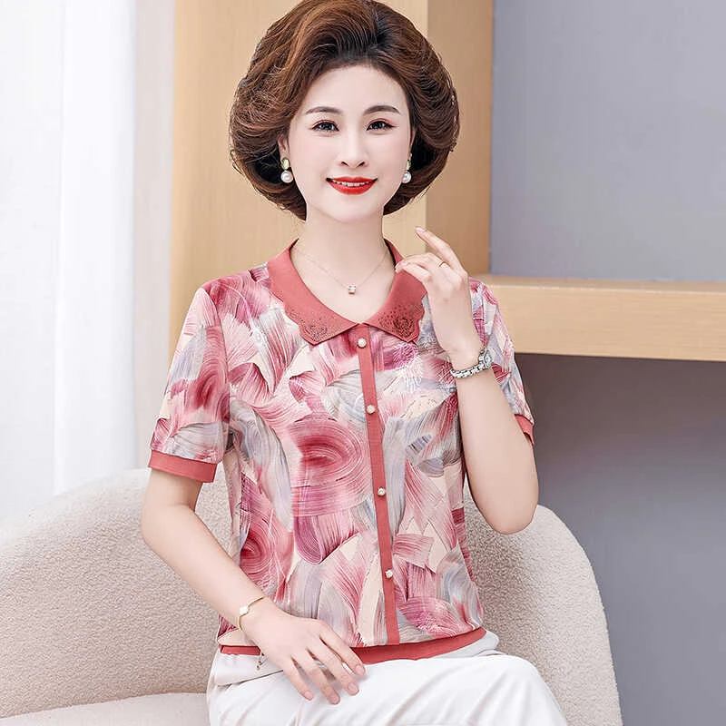 妈妈夏装新款翻领针织T恤中老年女夏季短袖宽松洋气小衫上衣