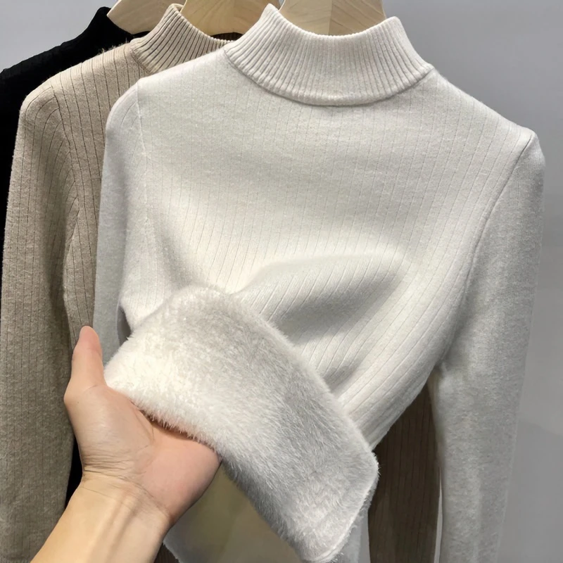 秋冬加绒加厚打底衫女水貂绒毛衣一体绒半高领针织衫内搭保暖上衣