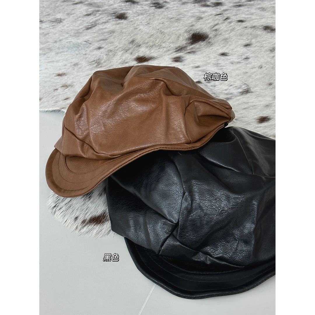 徐琳mini生活馆 复古私物款松紧褶皱艺术家PU云朵帽贝雷帽s240321