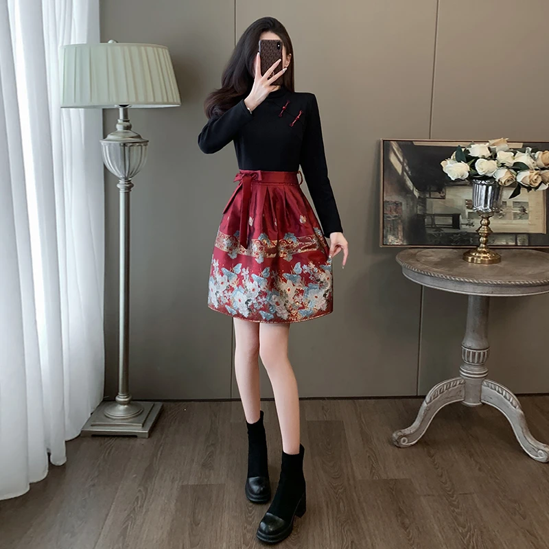 此念新中式女装连衣裙春秋新款时尚红色复古中国风短款拼接马面裙