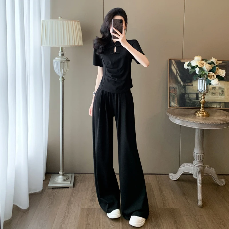 此念高级感休闲时尚套装女夏新中式盘扣褶皱短袖垂感阔脚裤两件套