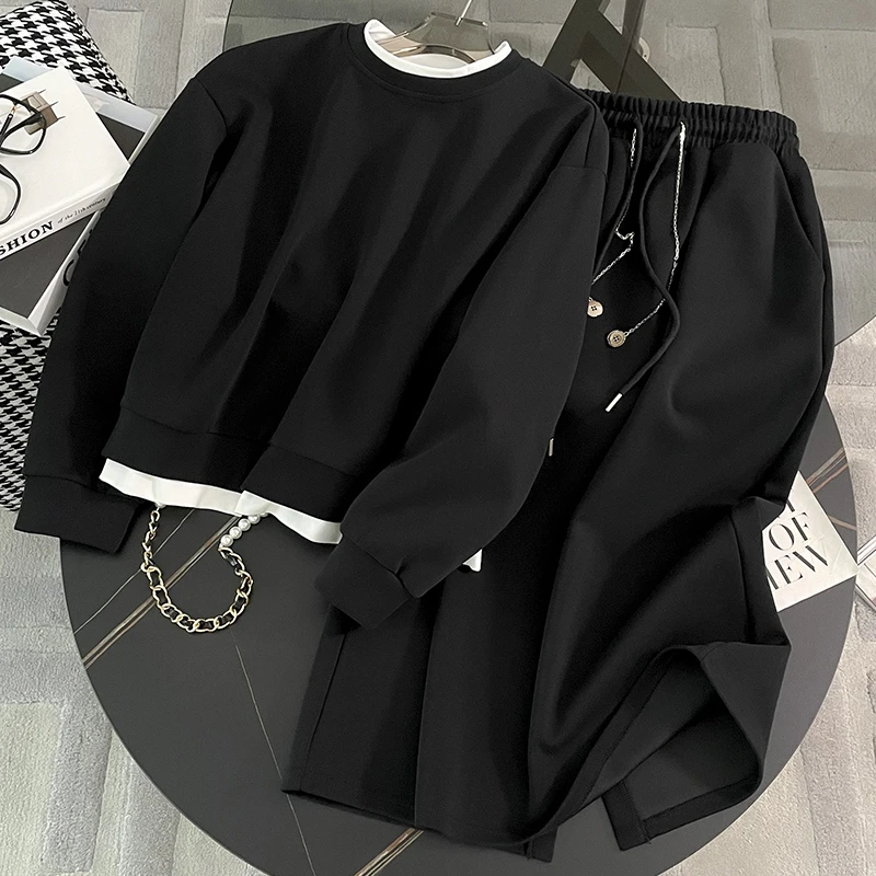 黑色气质休闲运动套裙女2025春秋时尚减龄假两件卫衣半身裙两件套