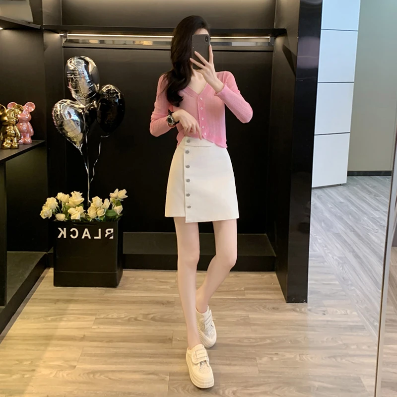 秋季淑女气质休闲时尚套装女粉色针织v领长袖上衣白色短裙两件套