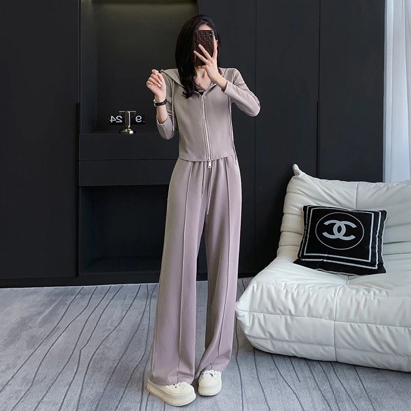 盐系轻熟休闲运动套装女秋新款时尚气质连帽开衫高腰阔腿裤两件套