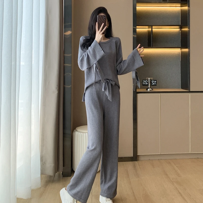 灰色休闲慵懒风系带针织套装女秋季新款圆领毛衣高腰阔腿裤两件套