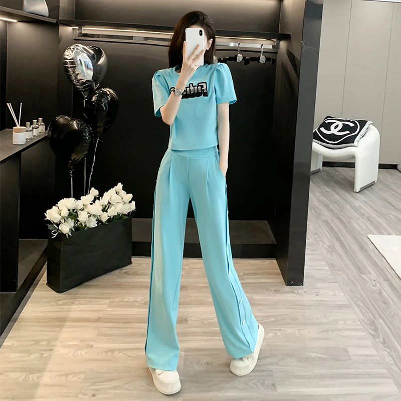 高级感盐系休闲运动套装女夏季潮流时尚泡泡袖上衣上档次两件套潮