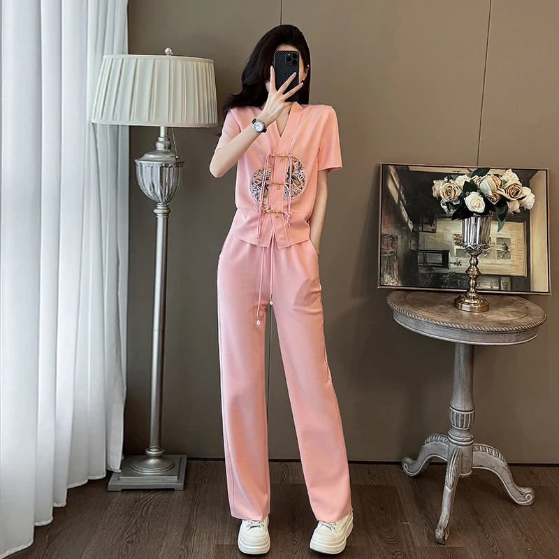 此念粉色减龄休闲运动套装2024夏季新中式盘扣刺绣开衫短袖两件套