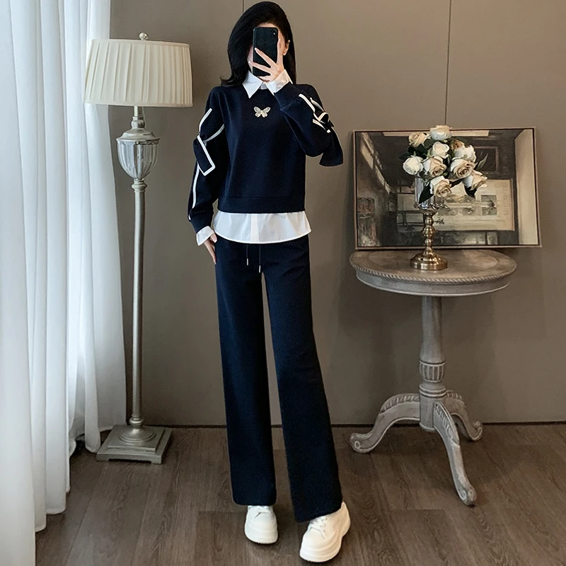 韩系减龄休闲时尚套装女2025秋冬季设计感假两件上衣直筒裤两件套