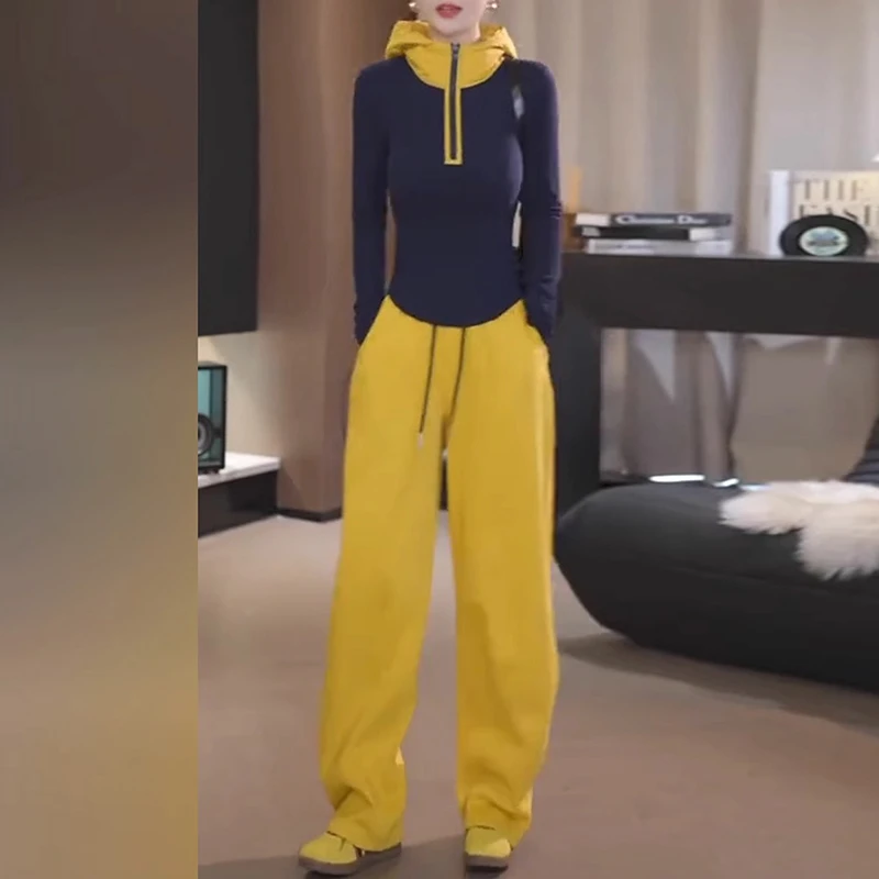 辣妹休闲时尚套装女2025春秋季修身纯欲连帽上衣黄色阔腿裤两件套
