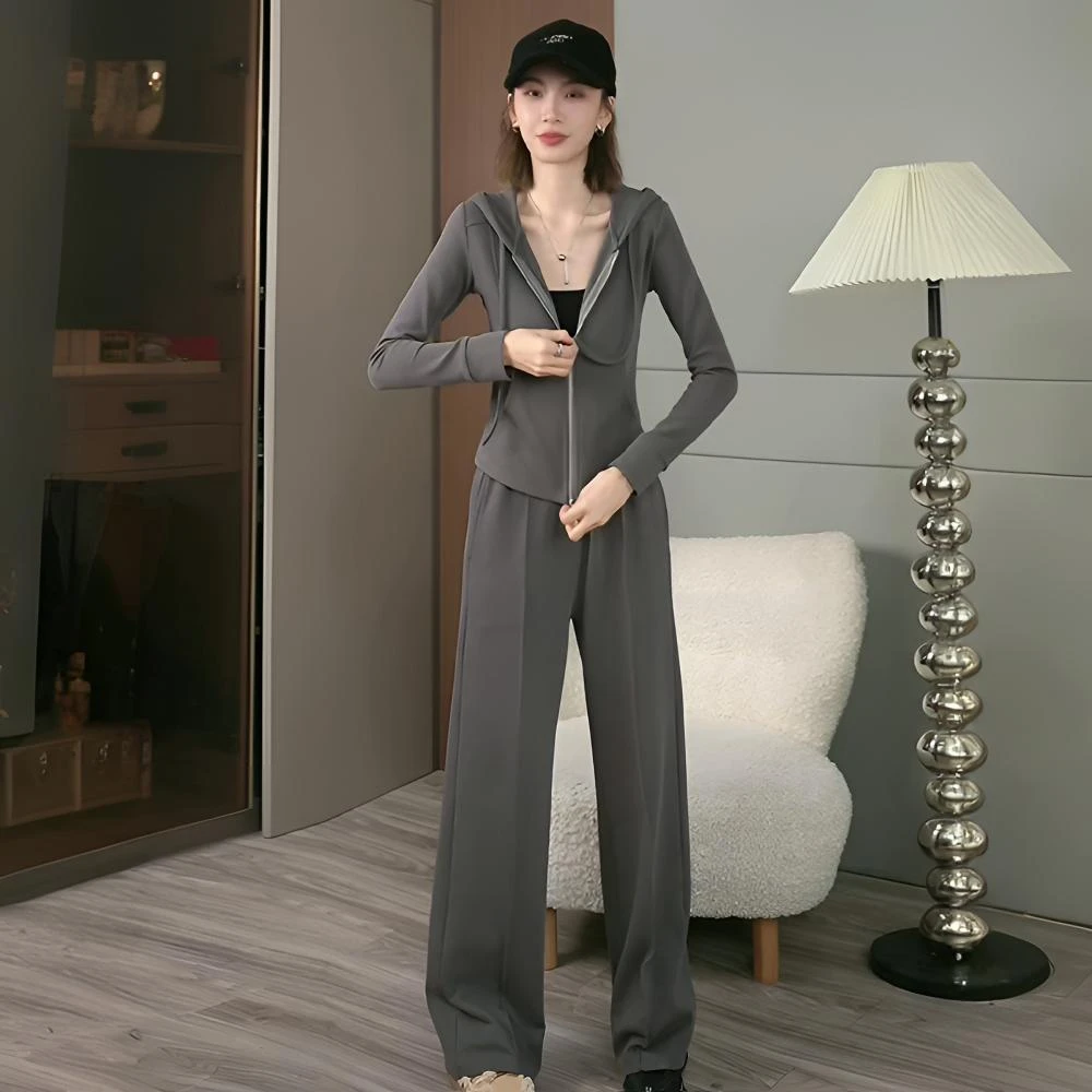 小个子穿搭休闲运动套装女秋2024修身灰色短外套上衣阔腿裤两件套