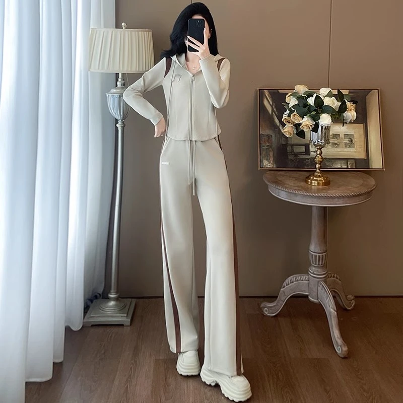 高档欧货休闲运动套装女秋冬季洋气连帽开衫上衣高腰阔脚裤两件套