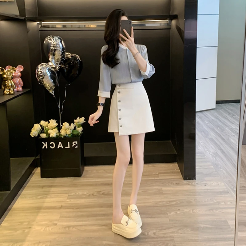 时尚潮流休闲时尚套装女春秋季拼接缎面七分袖衬衫白色短裙两件套