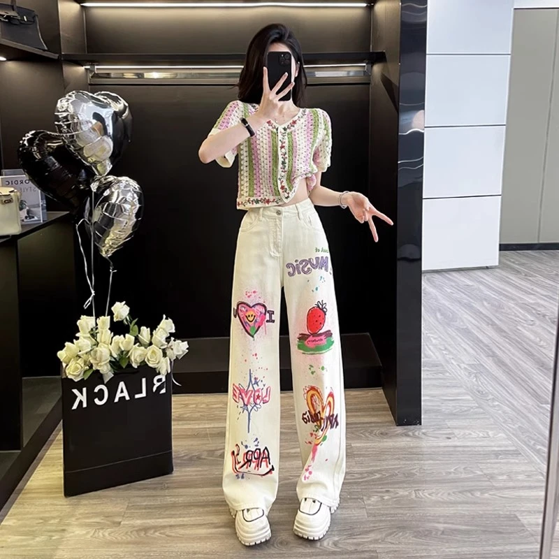 2024夏季时尚穿搭一整套女减龄洋气镂空针织衫牛仔阔腿裤两件套潮