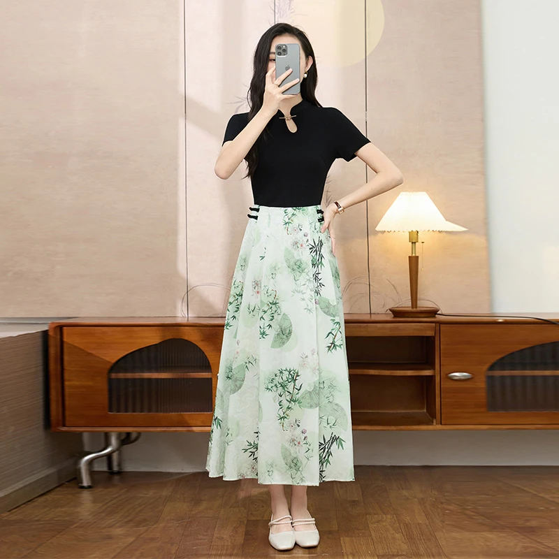 此念国风古韵时尚气质套装2024夏季高端盘扣短袖国画半身裙两件套