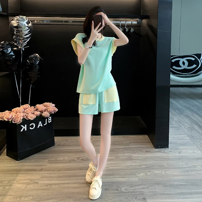 网红炸街休闲运动套装女夏韩系洋气减龄拼色小清新短袖短裤两件套