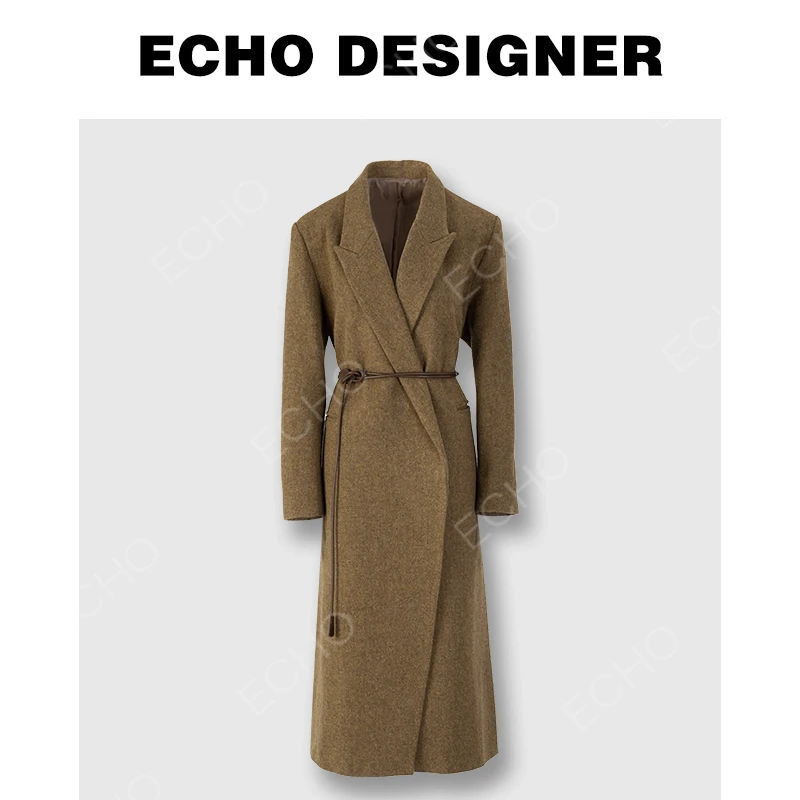ECHO DESIGNER 美拉德全羊毛系带毛呢大衣老钱风长外套E23D11109