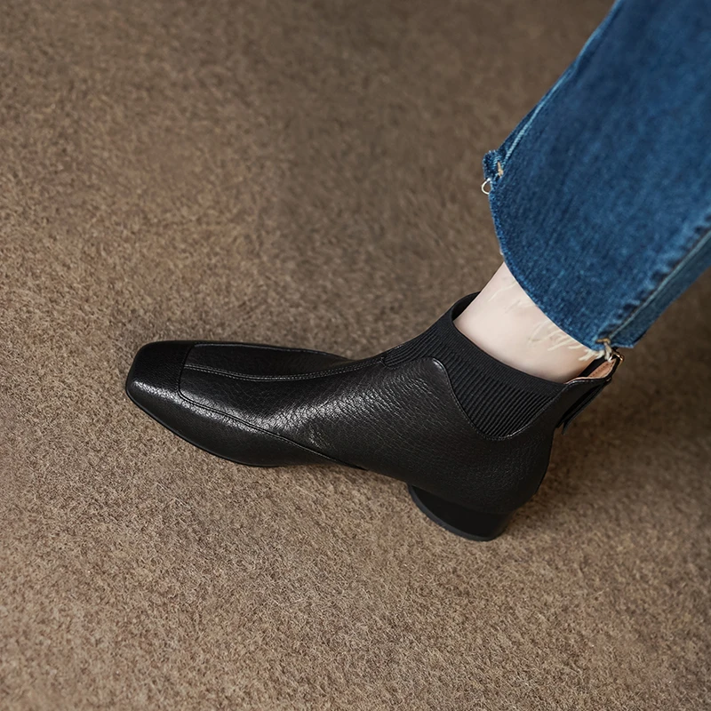 3cm/羊皮/粗跟小短靴女真皮优雅百搭方头高级感短筒皮靴子女