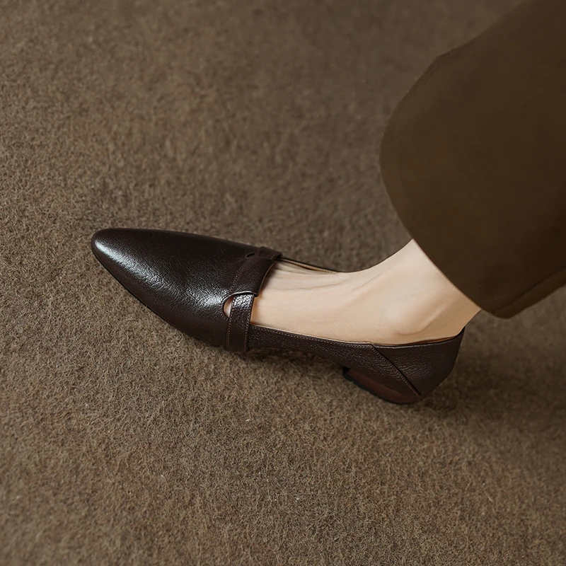 2.5cm/羊皮/真皮粗跟单鞋女洋气上档次小圆尖头方跟国风四季皮鞋