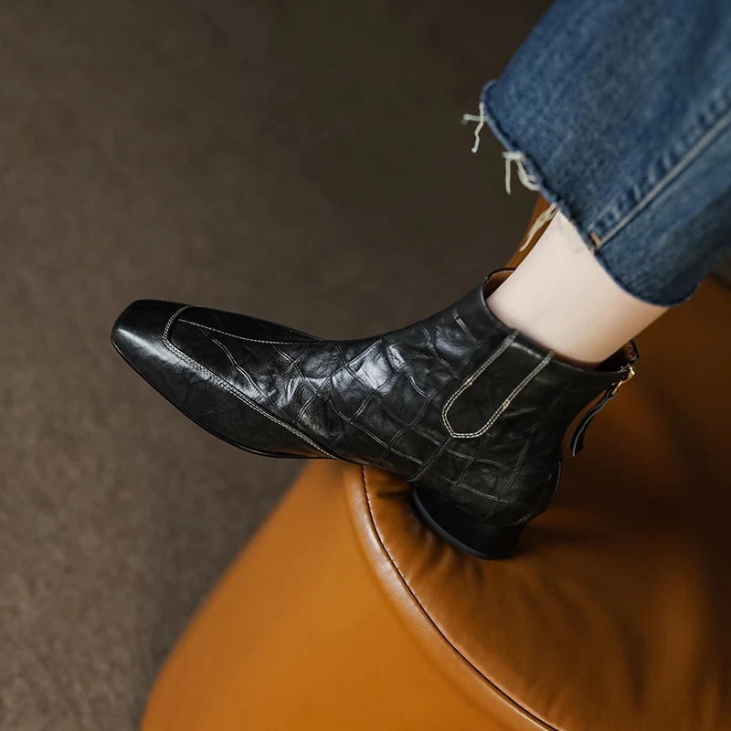 3cm/牛皮/真皮粗跟短靴女冬季新款加绒复古方头格子纹马丁靴女40