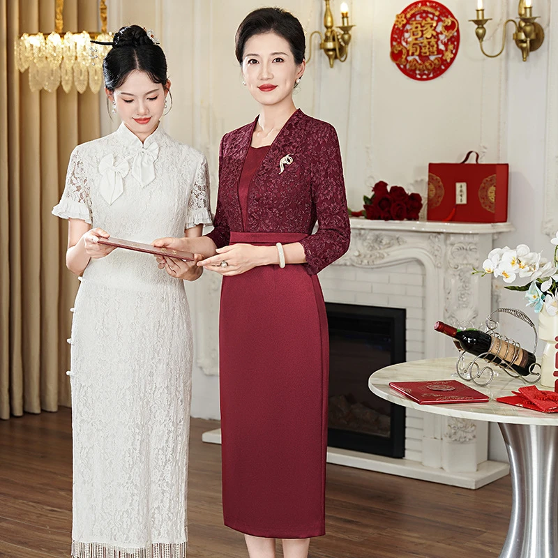 喜婆婆婚宴装紫红礼服高端假两件春秋款贵夫妈妈洋气喜庆连衣裙J