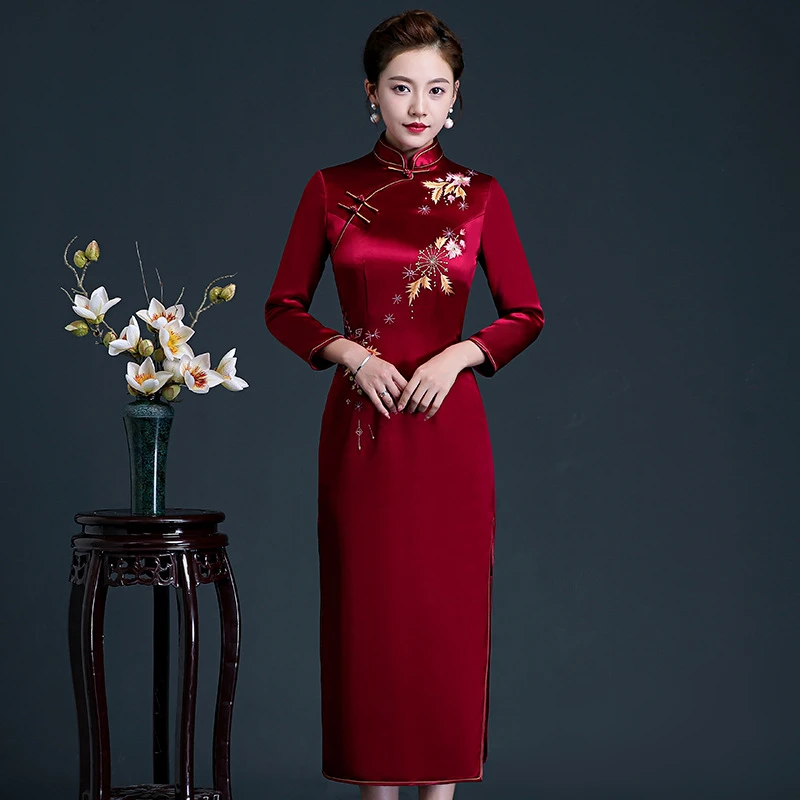 2025秋长袖进口三醋酸高档苏绣旗袍喜妈妈婆婆婚宴礼服优雅气质L