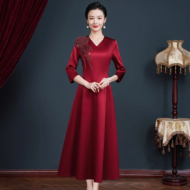 【长款+短款】高端缎面喜妈妈礼服裙年轻时尚气质喜婆婆婚宴连衣裙J