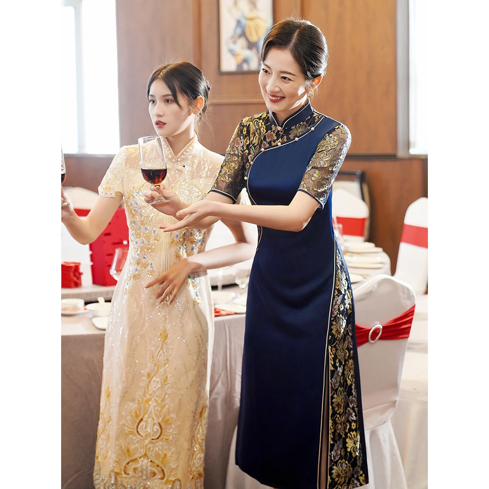 蓝色妈妈婚宴旗袍敬酒服高高贵年轻喜婆婆婚礼礼服女平时可穿HY