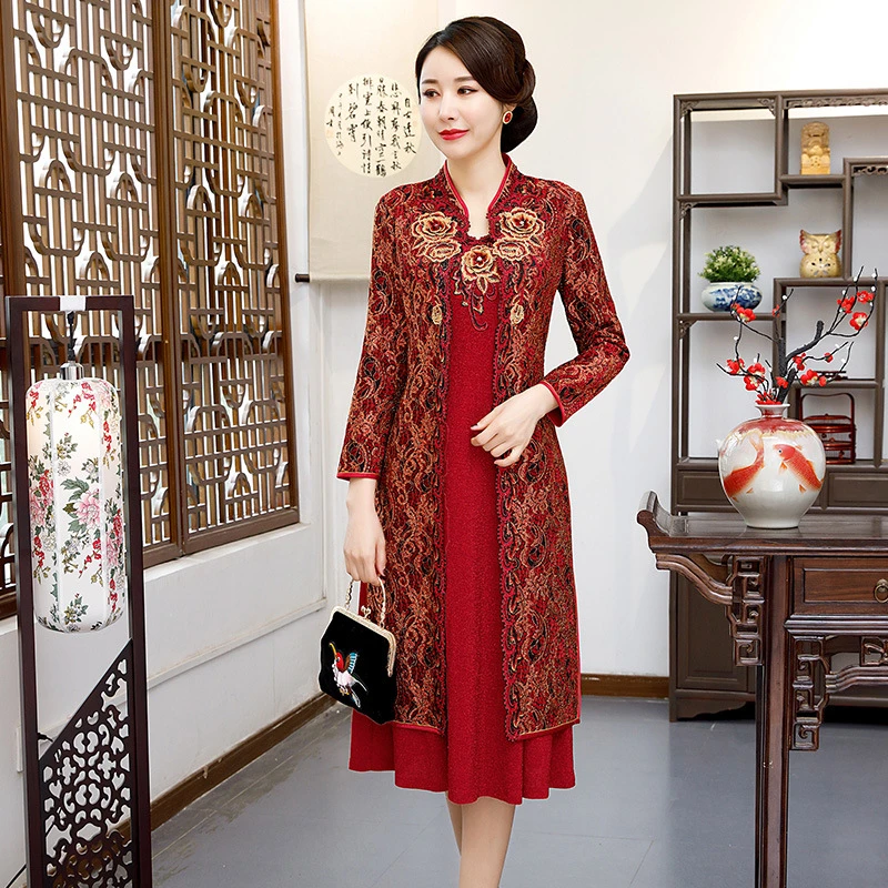 喜妈妈喜婆婆婚宴礼服秋冬时尚妈妈装气质优雅日常大码连衣裙酒红