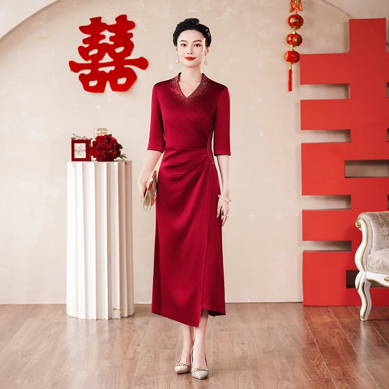 长款-进口三醋酸妈妈礼服裙遮肚年轻时尚气质喜婆婆婚宴显瘦大码Y