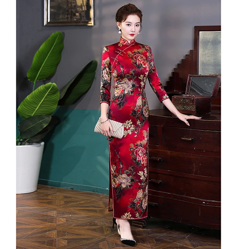 真丝长款旗袍2024婚宴中国风复古日常喜妈妈喜婆婆修身显瘦气质X