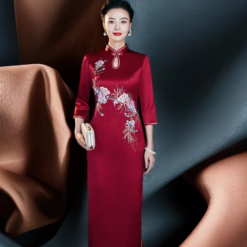 正品苏绣旗袍进口三醋酸修身时尚喜婆婆婚宴礼服结婚妈妈敬酒服N